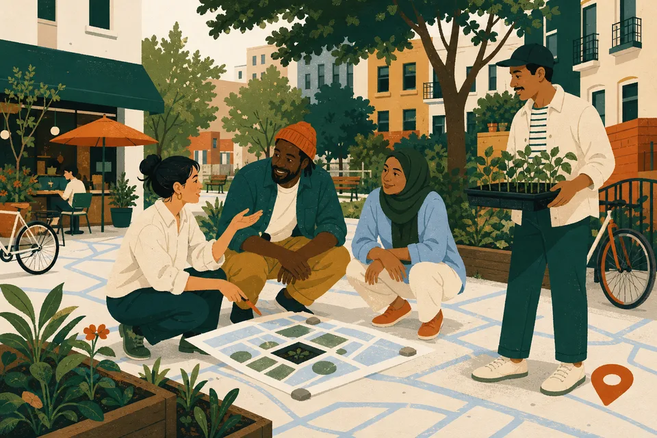 Neighbors planning a community garden session together