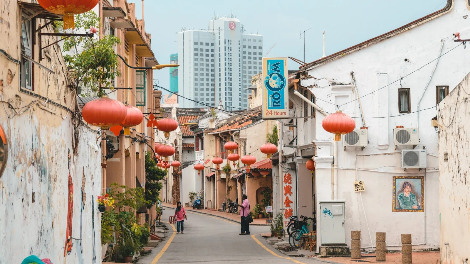 Red lanterns over a street in Malacca City