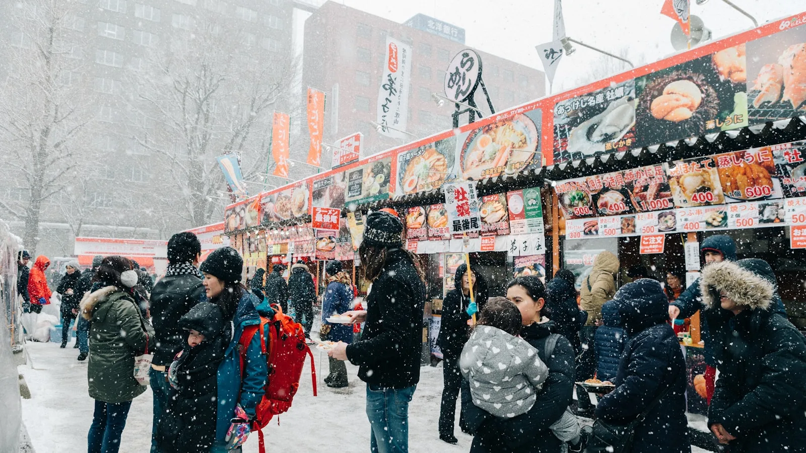 A snowy street market in Sapporo