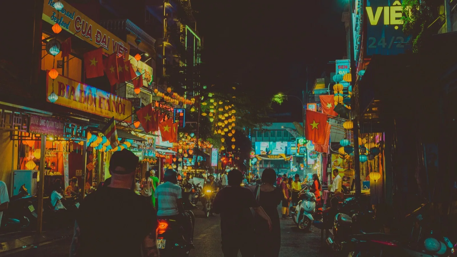 A neon-lit street in Vietnam